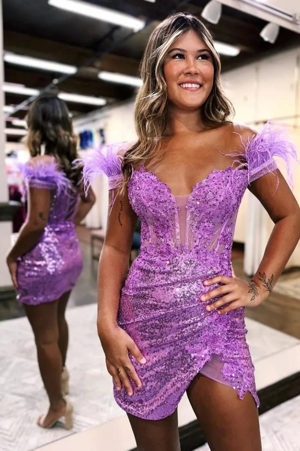 Gorgeous Bodycon Off The Shoulder Lace Up Sequin Dress With Feather Homecoming Dress AS380