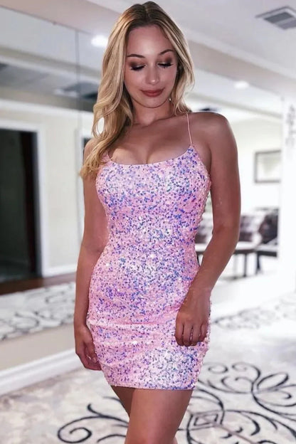 Stunning Royal Blue Lace Up Spaghetti Straps Glitter Sequin Tight Dress Homecoming Dress AS381