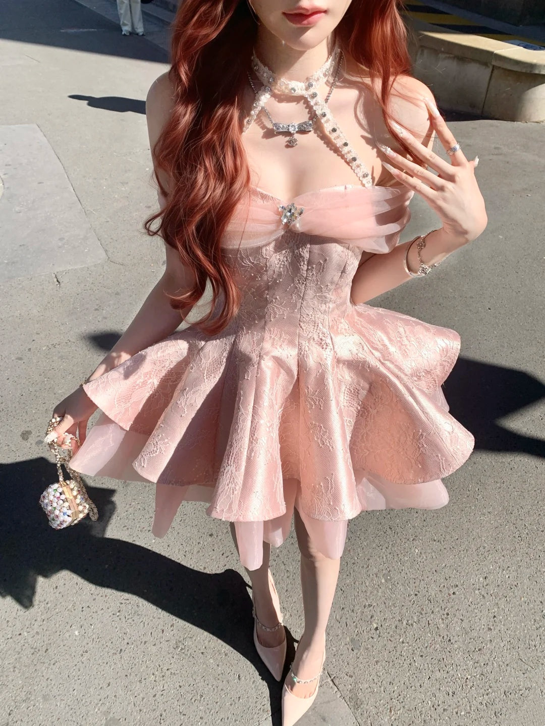 Dreamy Pink Off Shoulder Halter Rhinestone Sequin Lace A Line Short Homecoming Dress Birthday Dress AS3551