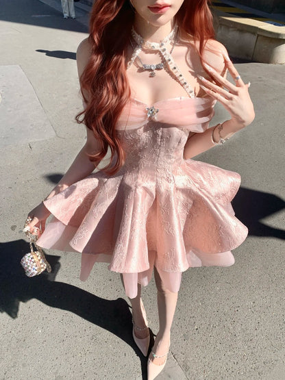 Dreamy Pink Off Shoulder Halter Rhinestone Sequin Lace A Line Short Homecoming Dress Birthday Dress AS3551