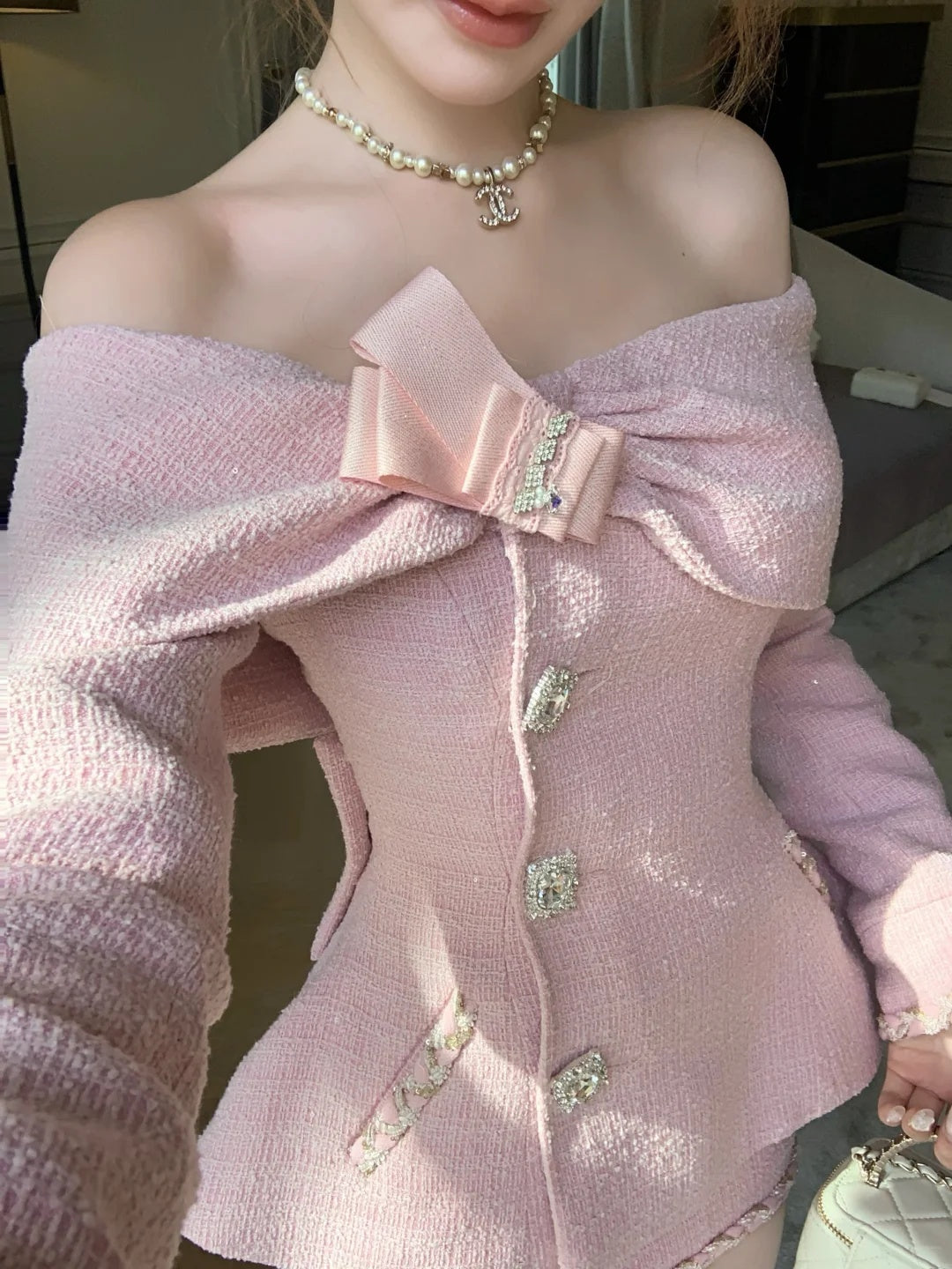 Chic Pink Off Shoulder Bow Rhinestone Button Two Piece Bodycon Mini Skirt Set Homecoming Dress Birthday Dress AS3552
