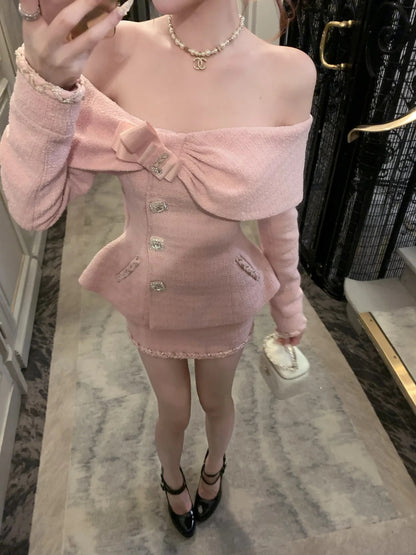 Chic Pink Off Shoulder Bow Rhinestone Button Two Piece Bodycon Mini Skirt Set Homecoming Dress Birthday Dress AS3552
