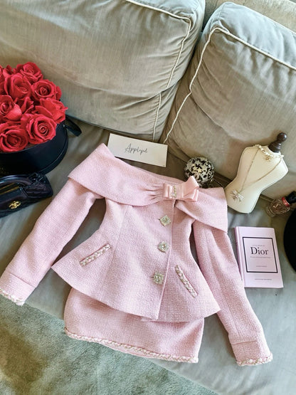 Chic Pink Off Shoulder Bow Rhinestone Button Two Piece Bodycon Mini Skirt Set Homecoming Dress Birthday Dress AS3552
