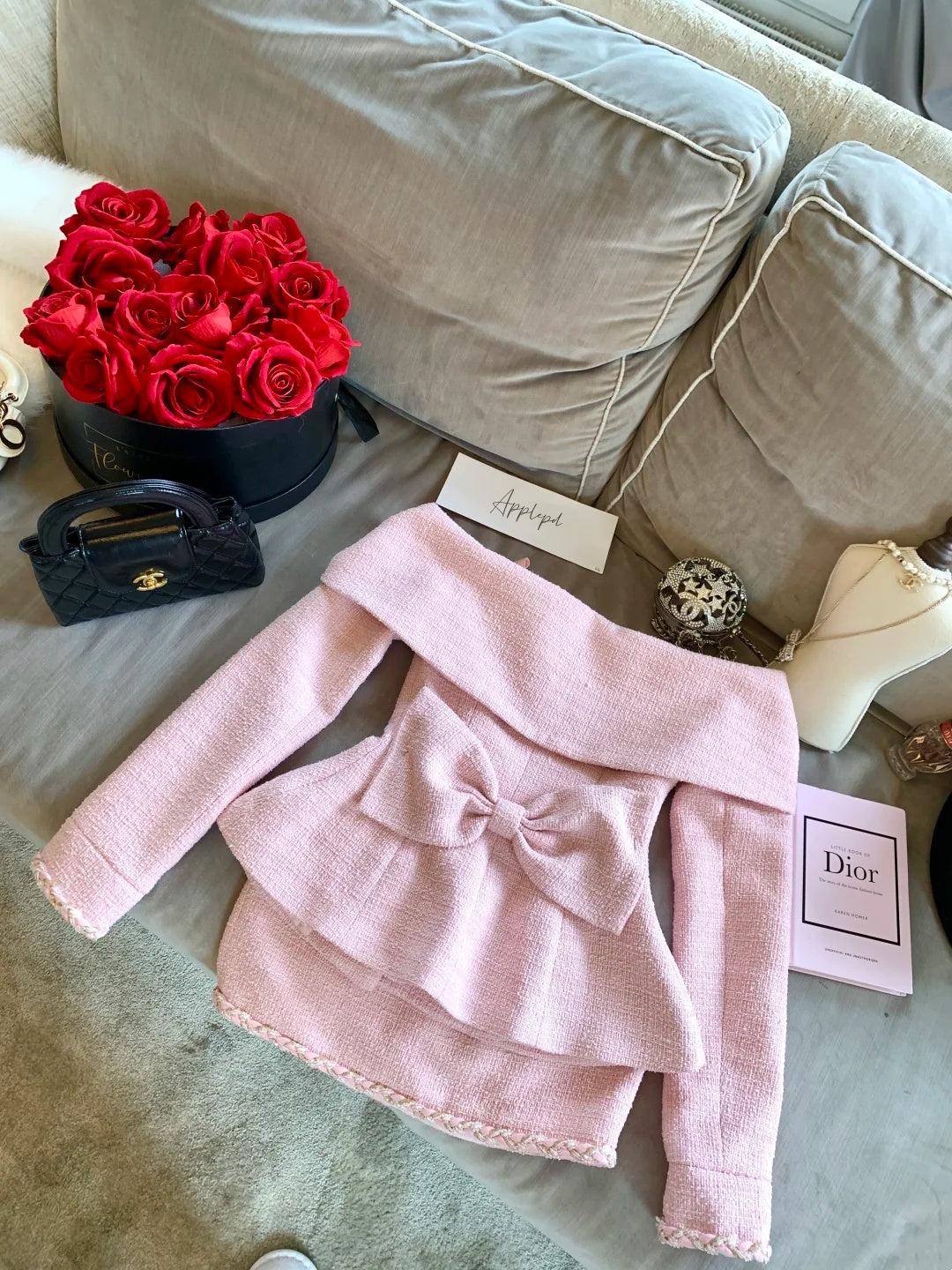 Chic Pink Off Shoulder Bow Rhinestone Button Two Piece Bodycon Mini Skirt Set Homecoming Dress Birthday Dress AS3552