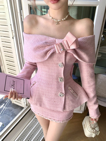 Chic Pink Off Shoulder Bow Rhinestone Button Two Piece Bodycon Mini Skirt Set Homecoming Dress Birthday Dress AS3552