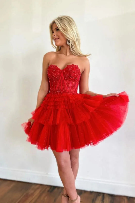 Glitter Tulle Sweetheart A-Line Short Layered Dress Homecoming Dress AS386