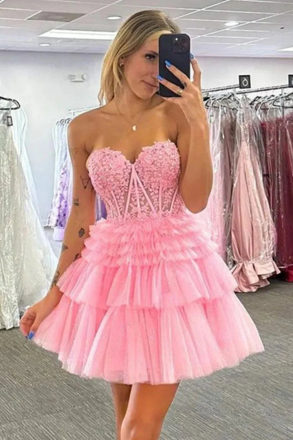 Glitter Tulle Sweetheart A-Line Short Layered Dress Homecoming Dress AS386