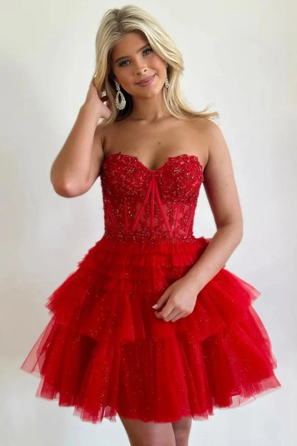 Glitter Tulle Sweetheart A-Line Short Layered Dress Homecoming Dress AS386