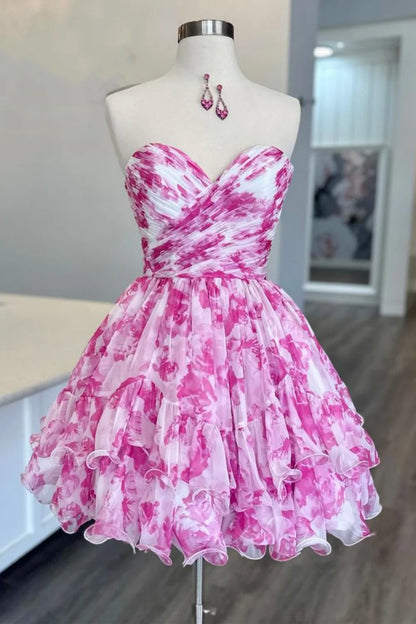 Playful Pink A-Line Sweetheart Short Dress With Printed Chiffon Layers Homecoming Dress AS389