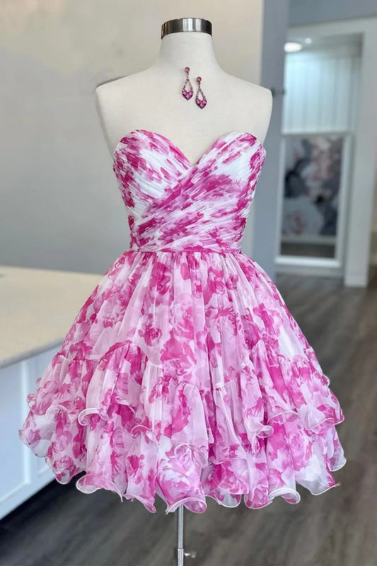 Playful Pink A-Line Sweetheart Short Dress With Printed Chiffon Layers Homecoming Dress AS389