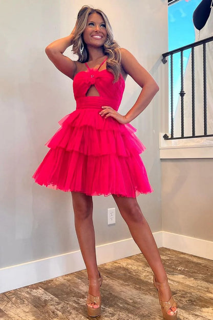 Red A-Line Silhouette With Halter Neck And Layered Tulle Skirt Homecoming Dress AS390