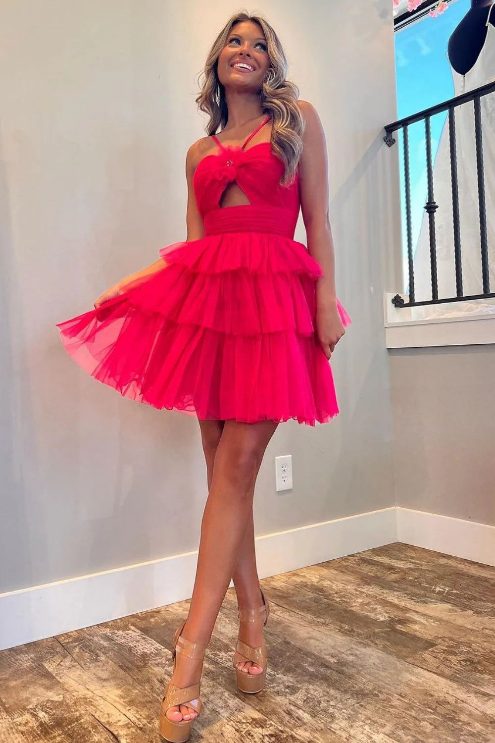Red A-Line Silhouette With Halter Neck And Layered Tulle Skirt Homecoming Dress AS390