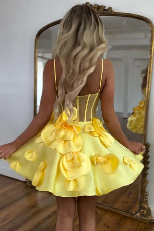Cute Yellow A-Line Look With Floral Satin And Spaghetti Straps Homecoming Dress AS392