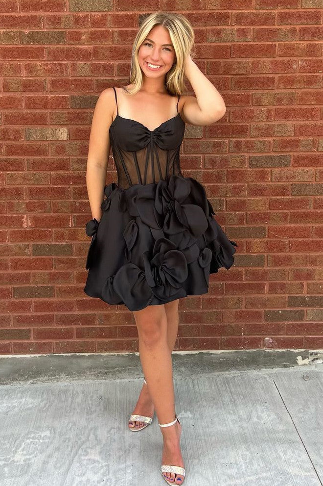 Cute Yellow A-Line Look With Floral Satin And Spaghetti Straps Homecoming Dress AS392