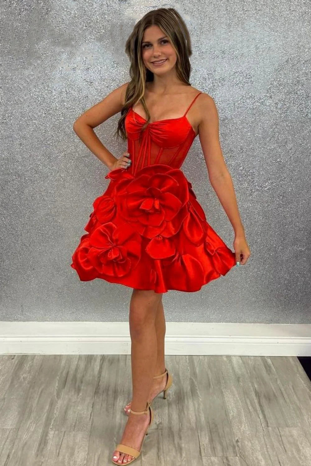 Cute Yellow A-Line Look With Floral Satin And Spaghetti Straps Homecoming Dress AS392