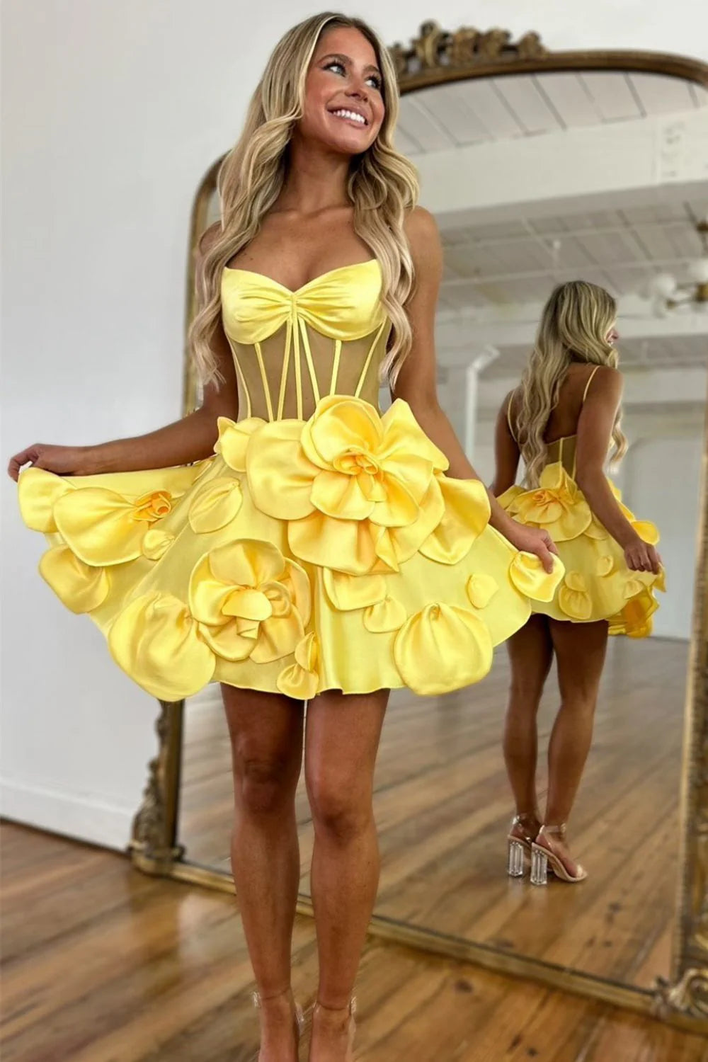 Cute Yellow A-Line Look With Floral Satin And Spaghetti Straps Homecoming Dress AS392