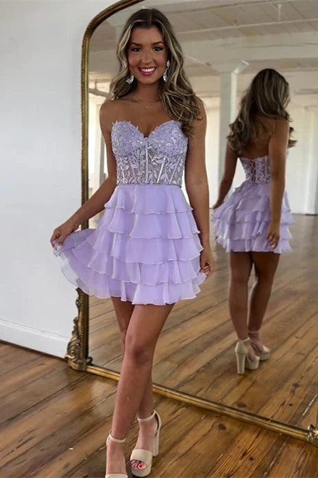 Cute Lilac A-Line Silhouette With Sweetheart Neck And Tiered Lace Top Homecoming Dress AS393