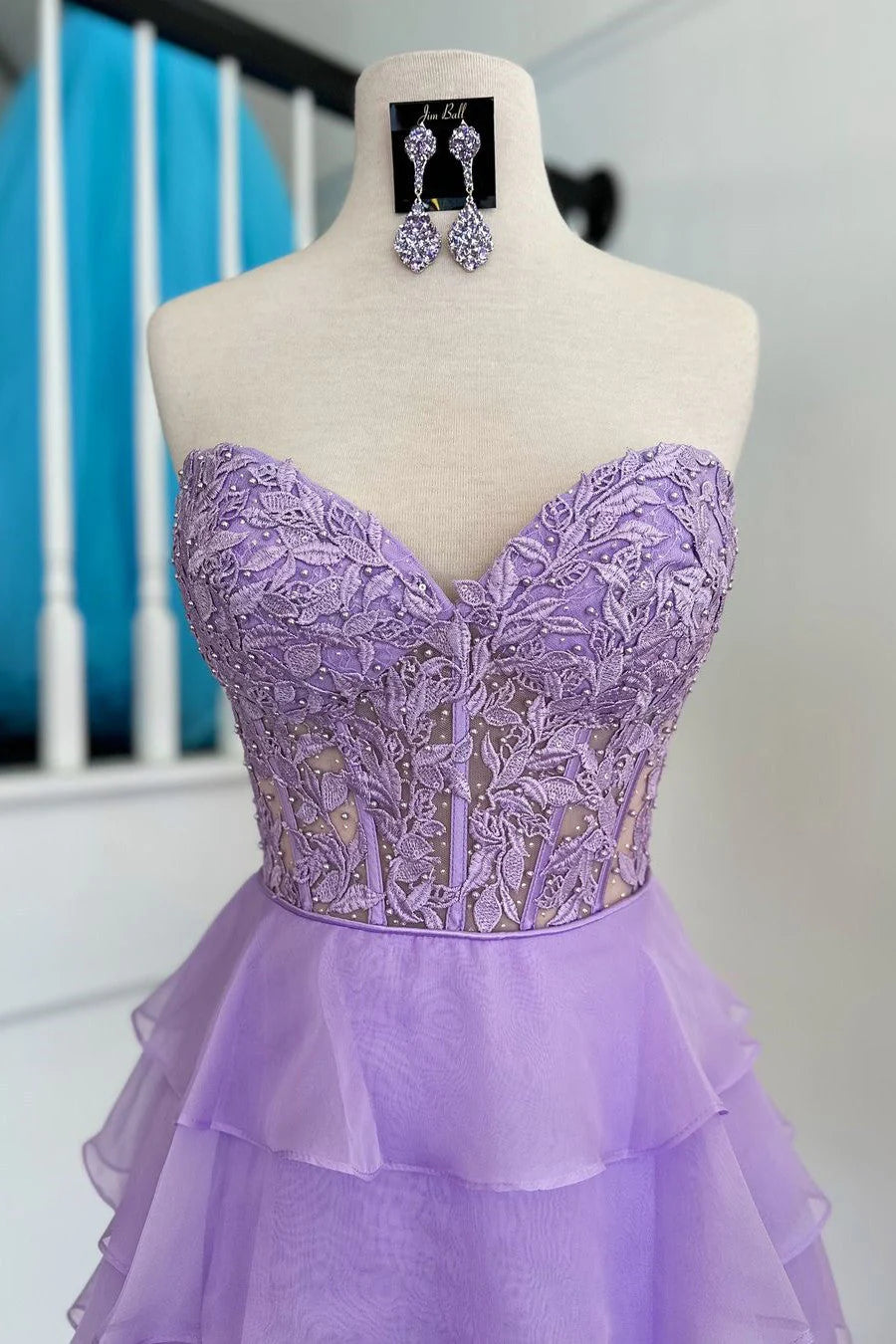 Cute Lilac A-Line Silhouette With Sweetheart Neck And Tiered Lace Top Homecoming Dress AS393
