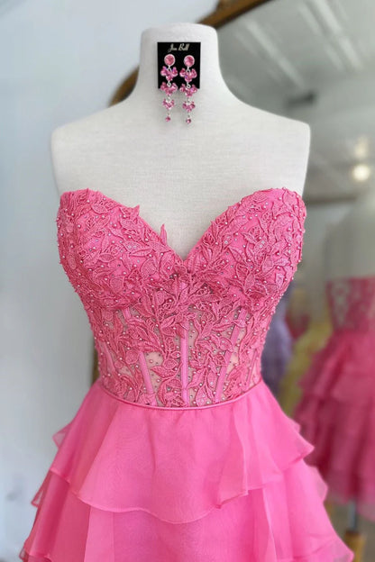Cute Lilac A-Line Silhouette With Sweetheart Neck And Tiered Lace Top Homecoming Dress AS393