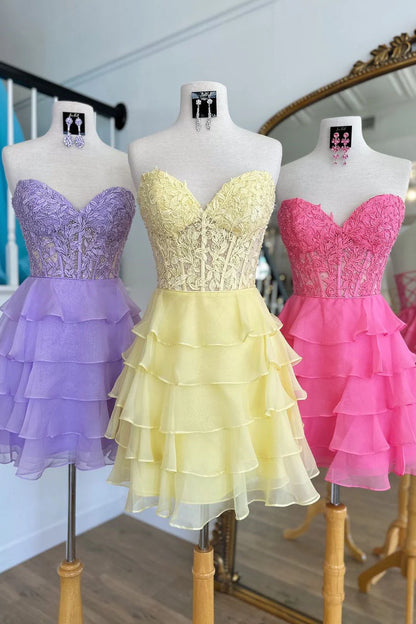 Cute Lilac A-Line Silhouette With Sweetheart Neck And Tiered Lace Top Homecoming Dress AS393