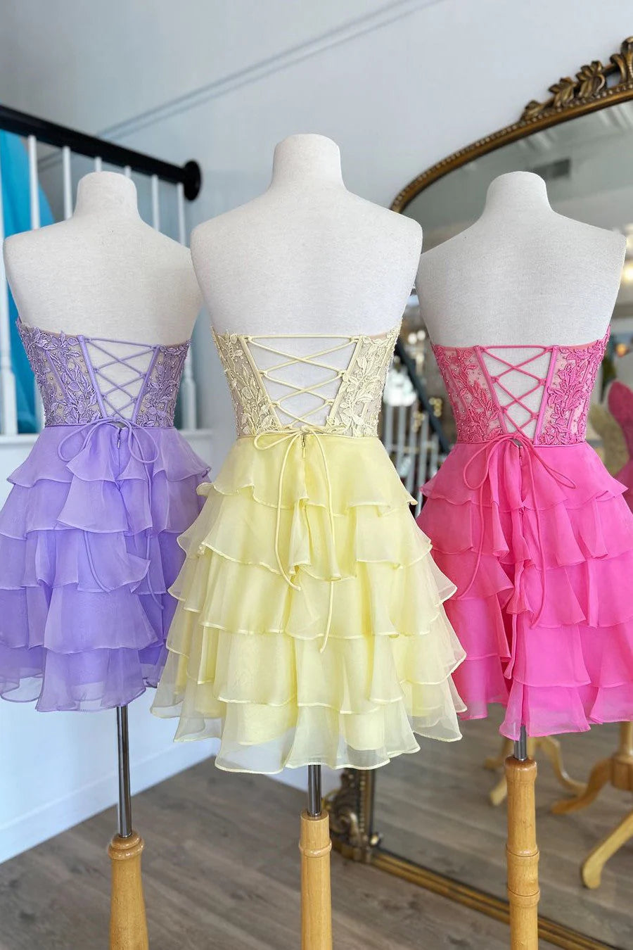 Cute Lilac A-Line Silhouette With Sweetheart Neck And Tiered Lace Top Homecoming Dress AS393