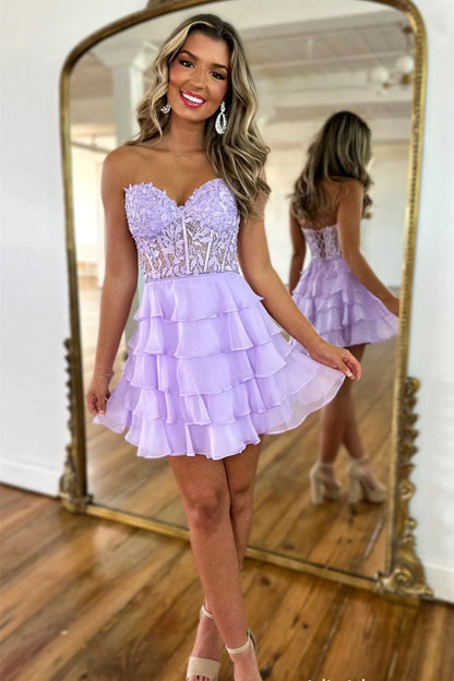 Cute Lilac A-Line Silhouette With Sweetheart Neck And Tiered Lace Top Homecoming Dress AS393