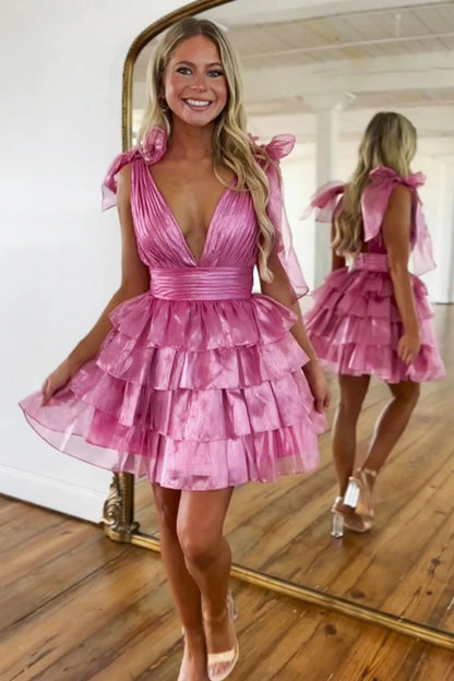 Stunning A-Line Silhouette With Deep V-Neck And Tiered Satin Skirt Homecoming Dress AS394