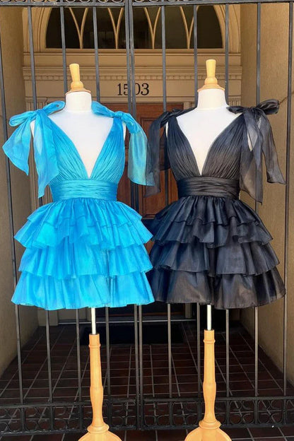 Stunning A-Line Silhouette With Deep V-Neck And Tiered Satin Skirt Homecoming Dress AS394