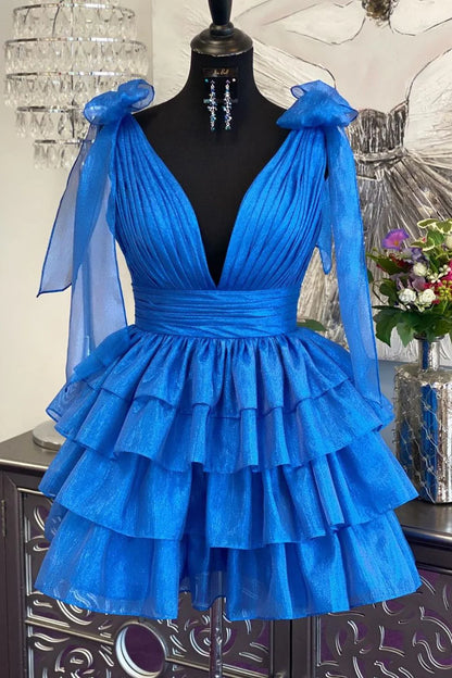 Stunning A-Line Silhouette With Deep V-Neck And Tiered Satin Skirt Homecoming Dress AS394