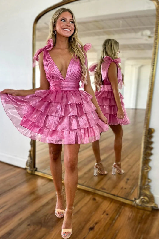Stunning A-Line Silhouette With Deep V-Neck And Tiered Satin Skirt Homecoming Dress AS394