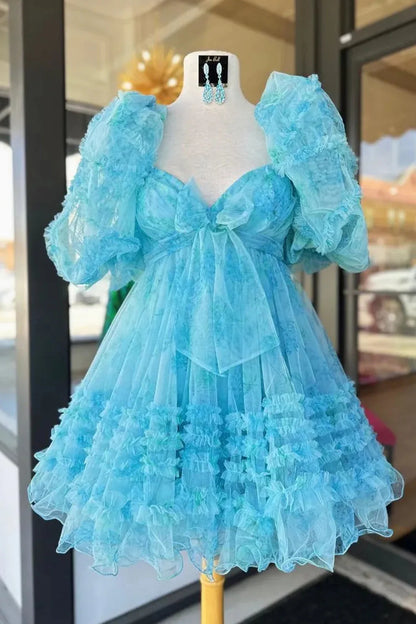 Charming A-Line Silhouette With Puff Sleeves And Floral Tulle Layers Homecoming Dress AS395