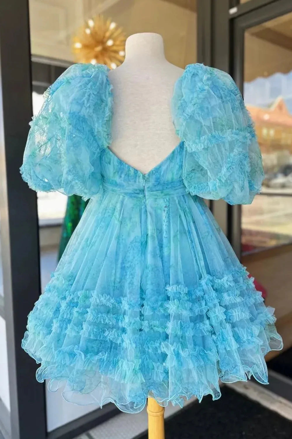Charming A-Line Silhouette With Puff Sleeves And Floral Tulle Layers Homecoming Dress AS395