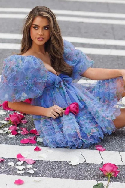Charming A-Line Silhouette With Puff Sleeves And Floral Tulle Layers Homecoming Dress AS395