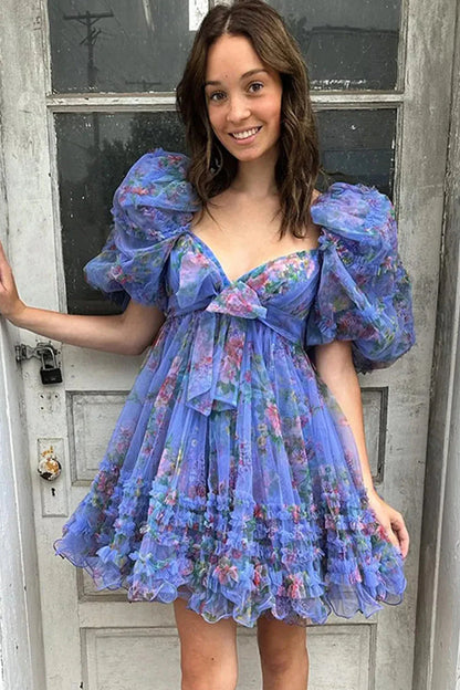 Charming A-Line Silhouette With Puff Sleeves And Floral Tulle Layers Homecoming Dress AS395