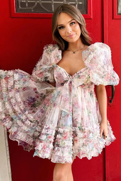 Charming A-Line Silhouette With Puff Sleeves And Floral Tulle Layers Homecoming Dress AS395