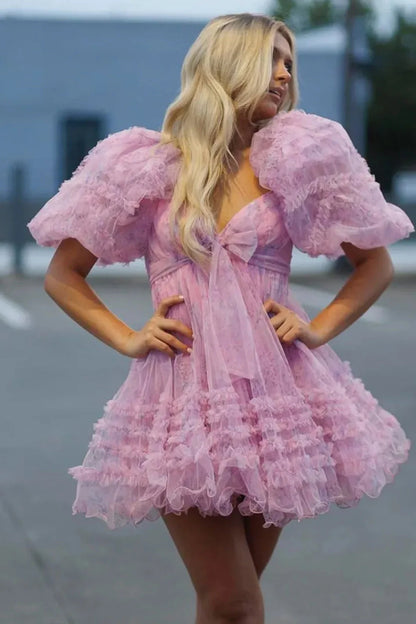 Charming A-Line Silhouette With Puff Sleeves And Floral Tulle Layers Homecoming Dress AS395