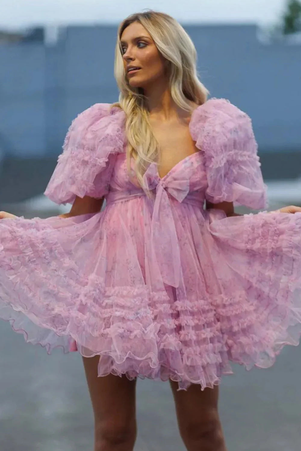 Charming A-Line Silhouette With Puff Sleeves And Floral Tulle Layers Homecoming Dress AS395