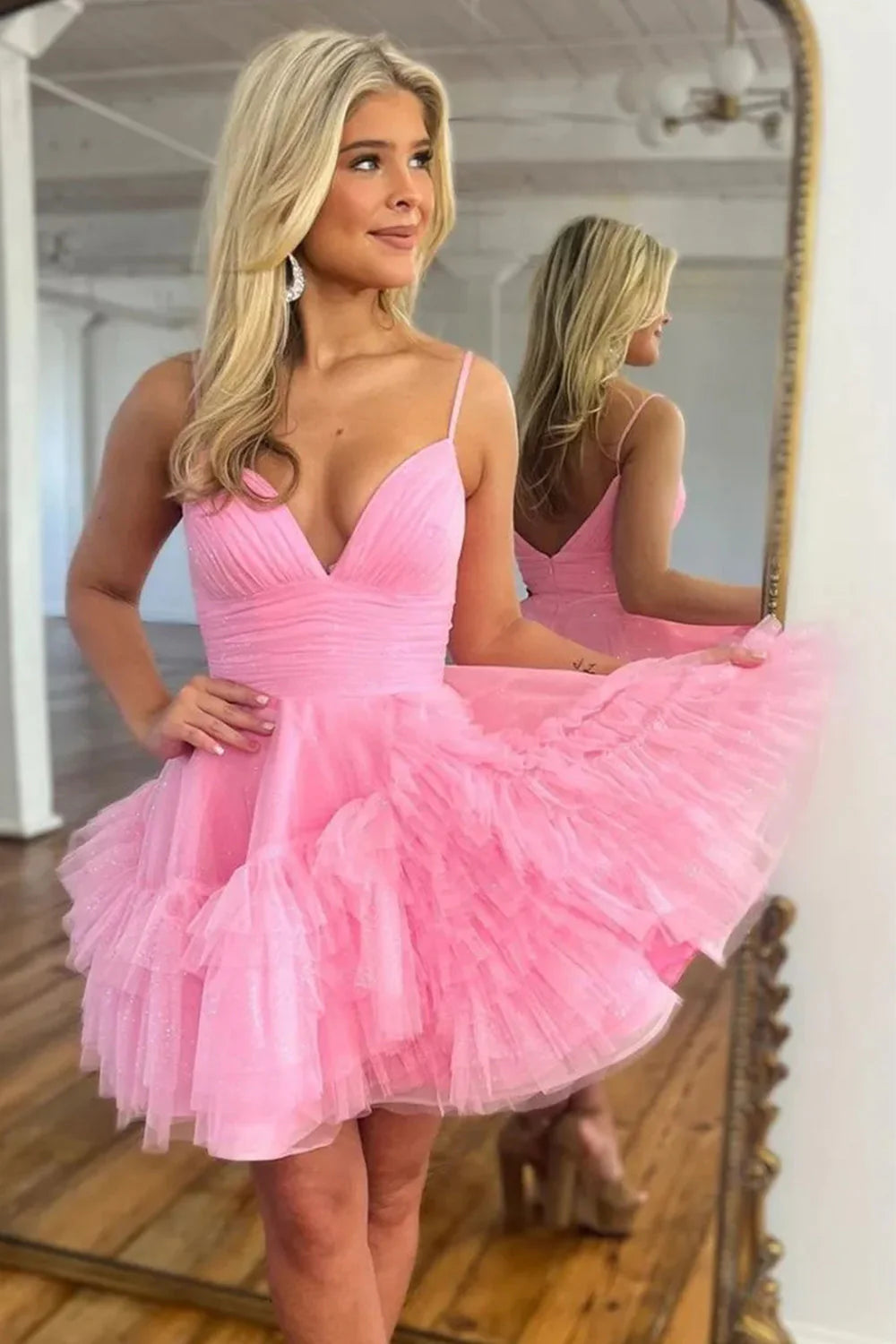 Lovely A-Line Tulle Design With Spaghetti Straps And Soft Ruffles Homecoming Dress AS396