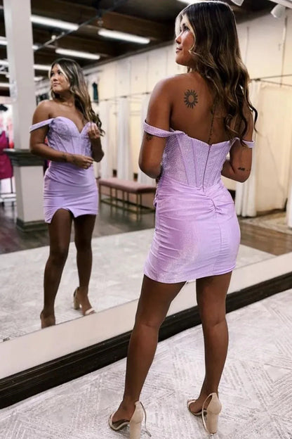 Glittering Lilac Bodycon With Off The Shoulder Neckline And Beaded Details Homecoming Dress AS399