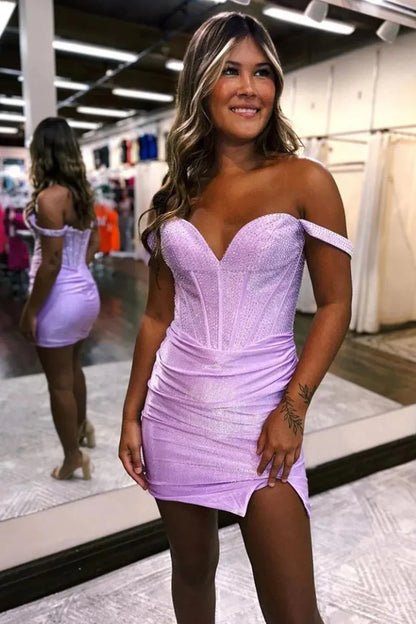 Glittering Lilac Bodycon With Off The Shoulder Neckline And Beaded Details Homecoming Dress AS399