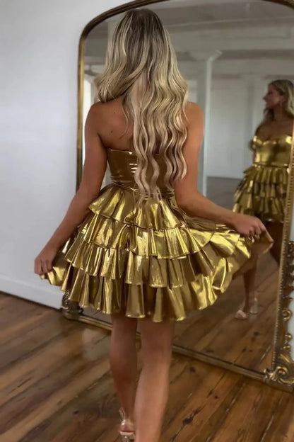 Stunning A-Line Short Dress With Sweetheart Neckline And Metallic Tiered Skirt Homecoming Dress AS403