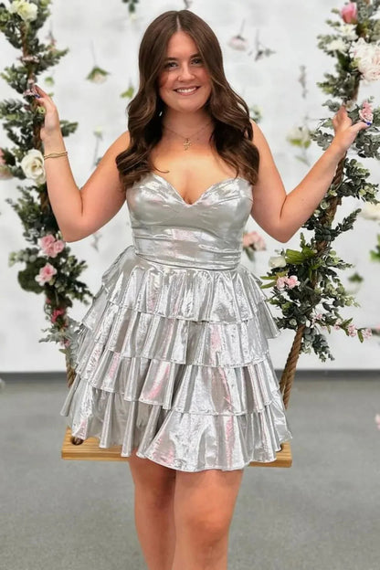 Stunning A-Line Short Dress With Sweetheart Neckline And Metallic Tiered Skirt Homecoming Dress AS403
