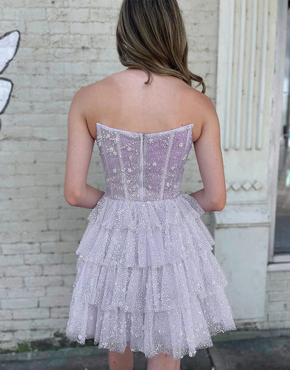 Glamorous Black Strapless Sparkle Corset Homecoming Dress with Tiered Skirt AS404