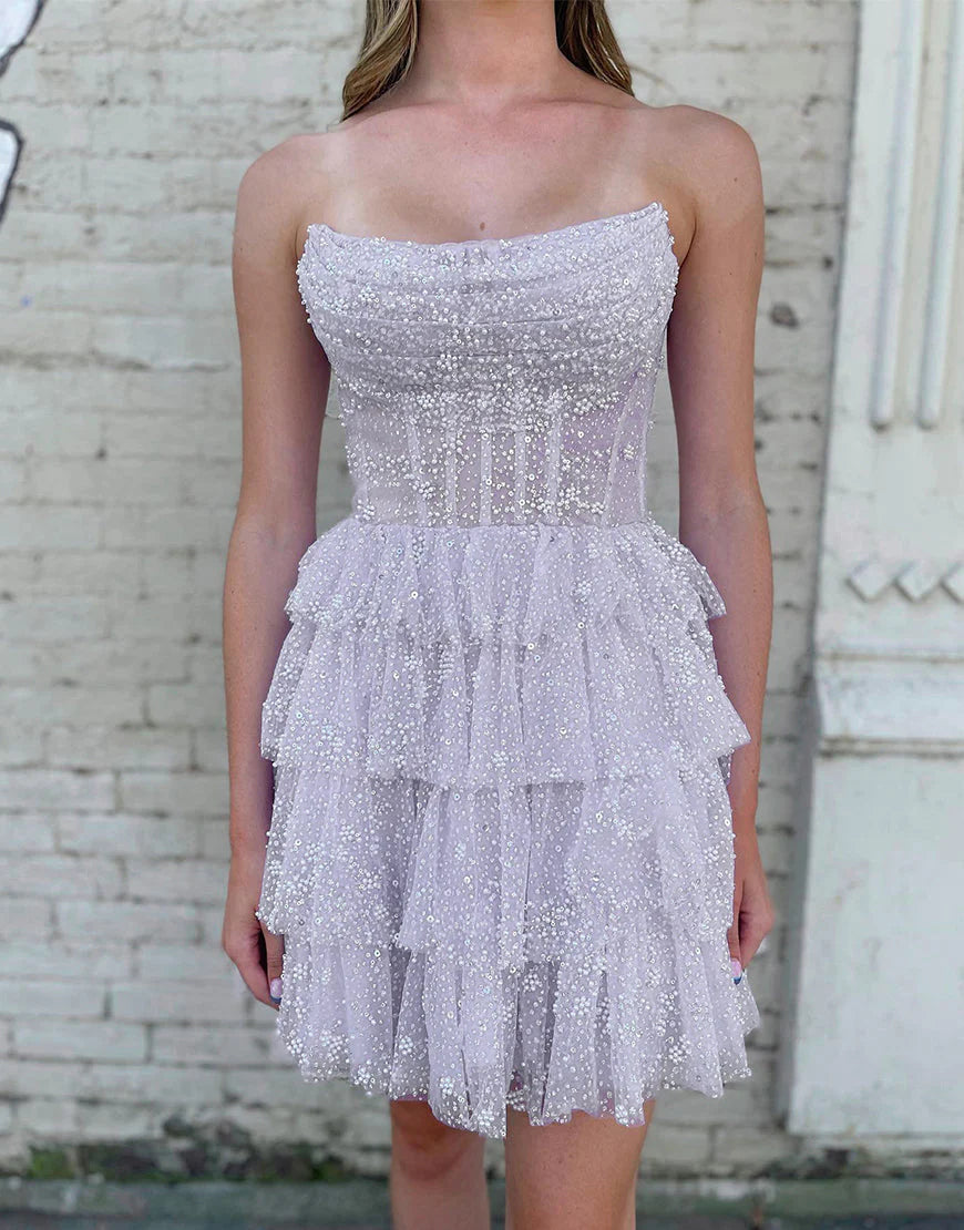 Glamorous Black Strapless Sparkle Corset Homecoming Dress with Tiered Skirt AS404