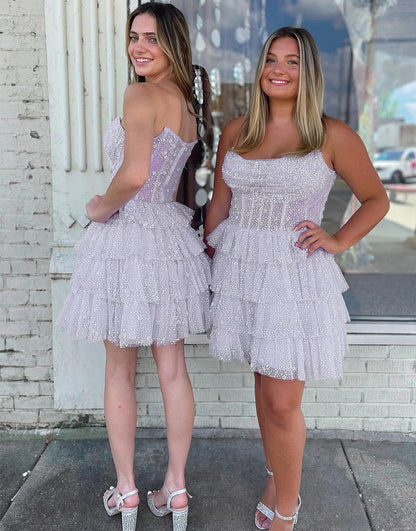 Glamorous Black Strapless Sparkle Corset Homecoming Dress with Tiered Skirt AS404