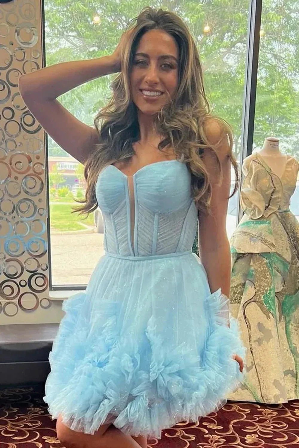 Cute A-Line Tulle Dress With Spaghetti Straps Lace-Up Back And Ruffle Detail Homecoming Dress AS406
