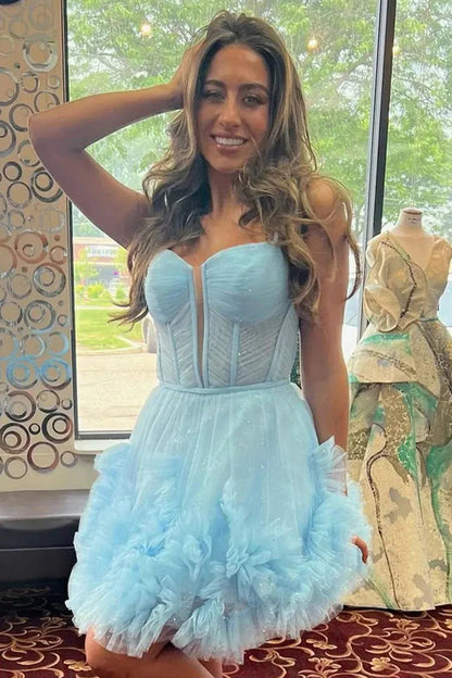 Cute A-Line Tulle Dress With Spaghetti Straps Lace-Up Back And Ruffle Detail Homecoming Dress AS406