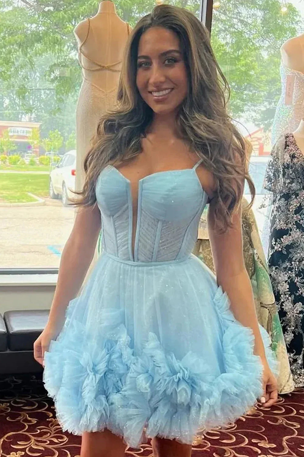 Cute A-Line Tulle Dress With Spaghetti Straps Lace-Up Back And Ruffle Detail Homecoming Dress AS406