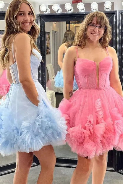Cute A-Line Tulle Dress With Spaghetti Straps Lace-Up Back And Ruffle Detail Homecoming Dress AS406