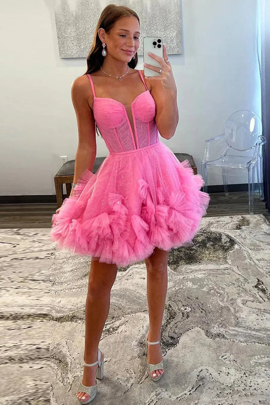 Cute A-Line Tulle Dress With Spaghetti Straps Lace-Up Back And Ruffle Detail Homecoming Dress AS406